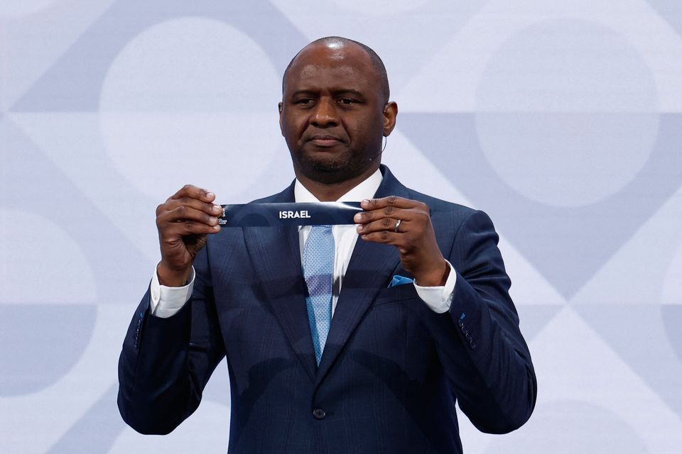 Former player and draw ambassador Patrick Vieira draws Israel in the Uefa Nations League draw at Brussels Expo, Brussels, Belgium. Photo: Reuters/Benoit Tessier